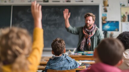 Engaging classroom scene with teacher and students raising hands for interactive lesson