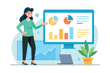 Businesswoman presenting financial charts and graphs on a computer screen isolated on white background