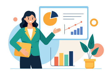 Businesswoman presenting financial charts and graphs isolated on white background