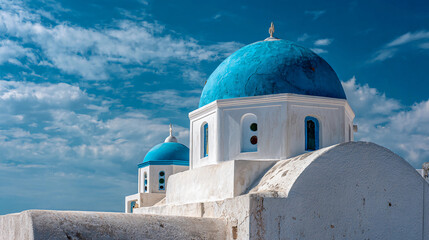 Greek island white and blue church dome, sunny sky