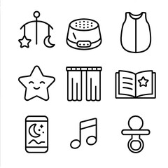 Baby Sleep Icons. Outline style icons of Baby Sleep Routine: crib mobile, white-noise machine, swaddle sack, night-light star,