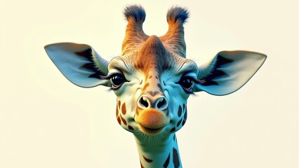 A close-up portrait of a giraffe with realistic features, splashes of vibrant acrylic paint in orange, teal, pink, and yellow accenting its neck and head, white background