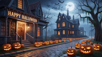 Haunted Forest at Night with Glowing Jack-o’-Lanterns and Foggy Atmosphere