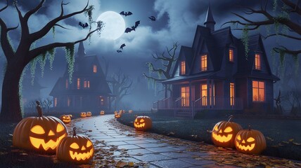 Haunted Forest at Night with Glowing Jack-o’-Lanterns and Foggy Atmosphere