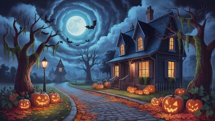 Haunted Forest at Night with Glowing Jack-o’-Lanterns and Foggy Atmosphere