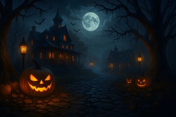 Haunted Forest at Night with Glowing Jack-o’-Lanterns and Foggy Atmosphere