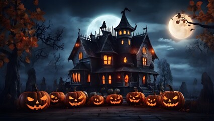 Haunted Forest at Night with Glowing Jack-o’-Lanterns and Foggy Atmosphere