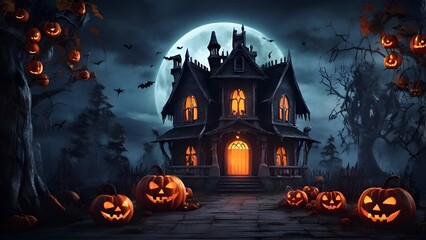 Haunted Forest at Night with Glowing Jack-o’-Lanterns and Foggy Atmosphere