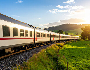 Fototapeta premium Scenic Train Journey Through Rolling Green Hills at Sunset