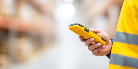 Dedicated Laborers in Their Professional Workplace Environment, A worker holds a yellow scanning device in a warehouse environment.