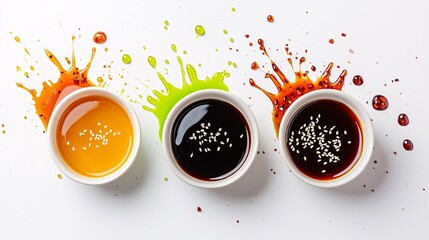 Wasabi sauce creating a neon splash, accompanied by rich hoisin sauce and sweet chili sauce exploding in vibrant colors, isolated on a white background