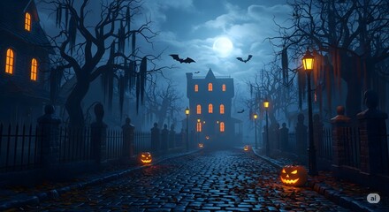 Haunted Forest at Night with Glowing Jack-o’-Lanterns and Foggy Atmosphere