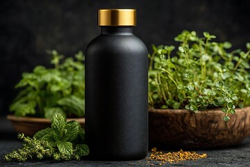 Matte black bottle with gold cap on dark herbal backdrop  
