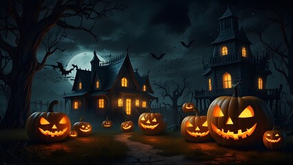 Haunted Forest at Night with Glowing Jack-o’-Lanterns and Foggy Atmosphere