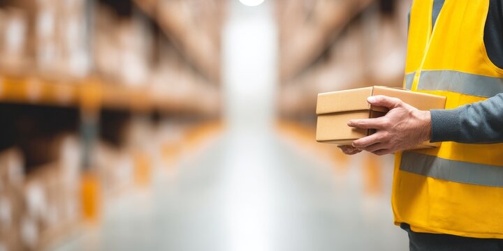 Dedicated Laborers in Their Professional Workplace Environment, A worker in a yellow vest holds packages in a warehouse aisle surrounded by shelves. - Powered by Adobe