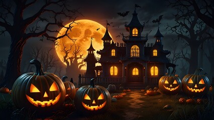 Haunted Forest at Night with Glowing Jack-o’-Lanterns and Foggy Atmosphere