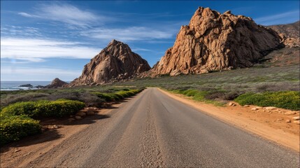A dirt road stretches toward rocky mountains under a blue sky with scattered clouds