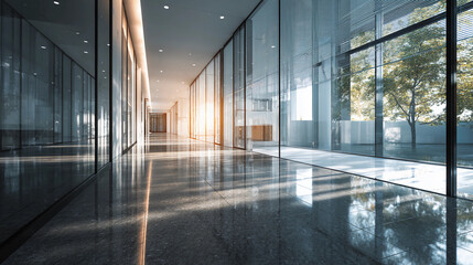 Modern glass office hallway with light shining through