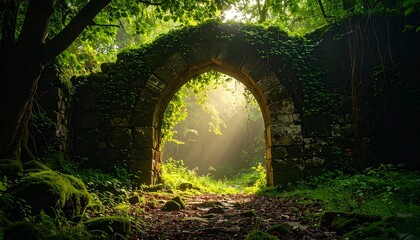 Obraz premium Crumbling stone arch covered in thick moss and wild vines, surrounded by damp forest floor and filtered morning light 