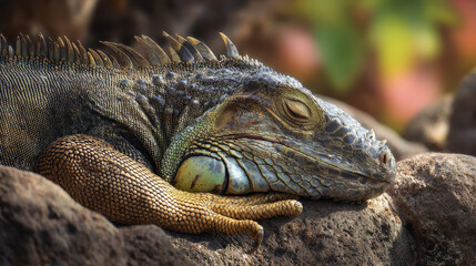 Iguana Resting on Sunlit Boulder Tropical Surroundings