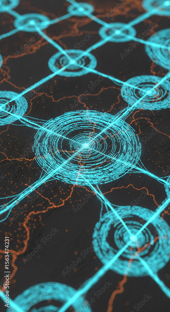 Poster Abstract image of glowing cyan circles connected by lines on a dark background, suggesting network connections or data flow, suitable for technology or futuristic concepts