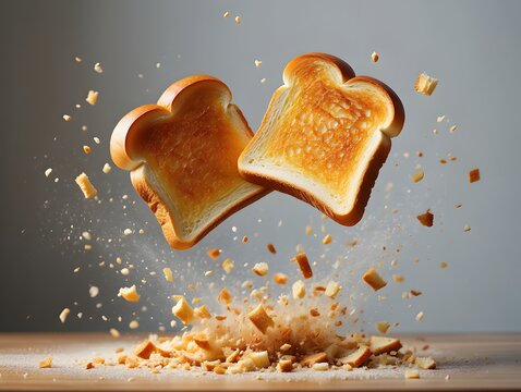 Stock photo of flying toast bread slices with crumbs on wooden table background food