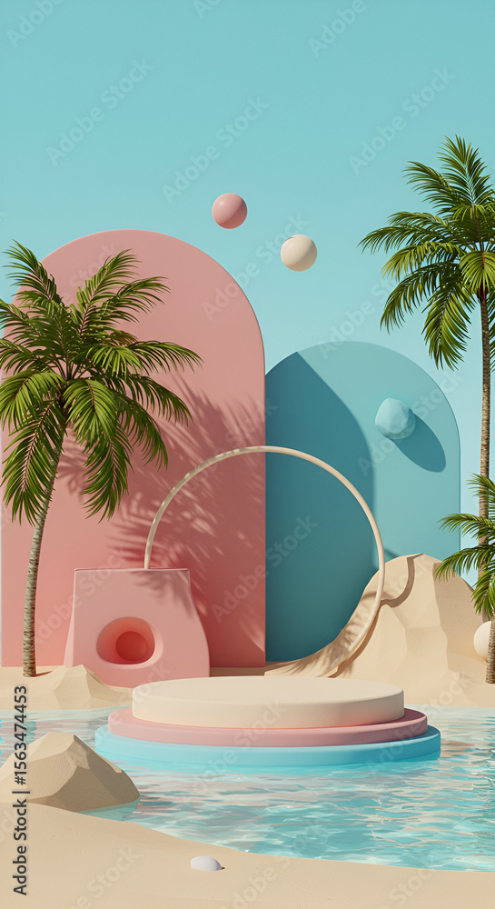 Poster pastel-colored tropical beach scene with a three-tiered pedestal. empty display podium for product p