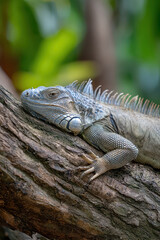 Fototapeta premium Iguana Resting on Tree Limb Dense Tropical Background