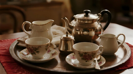 Fototapeta premium An elegant vintage tea set, complete with a teapot, teacups, creamer, and sugar bowl, is meticulously arranged on a silver tray, ready for a sophisticated tea service