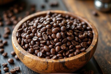 Fototapeta premium Wooden bowl filled with dark roasted coffee beans on rustic table