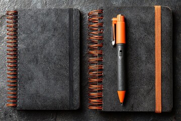 Sleek black notebook with orange pen dark textured mockup scene  
