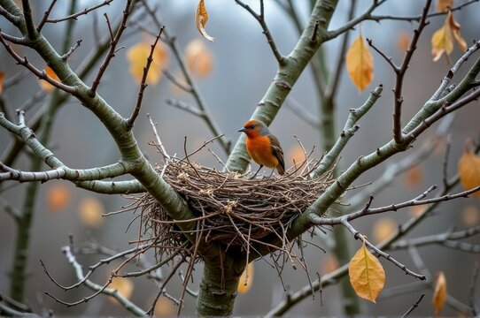 Robin perched on nest in autumn tree with yellow leaves