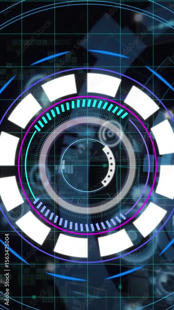 Poster animation of interface with round scanner and data processing against black background