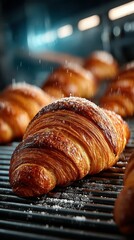 Freshly baked croissant sprinkled with sugar in a warm bakery environment during the morning rush hour