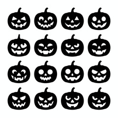 Fifteen Black Halloween Pumpkins with Varied Expressions on White Background vector