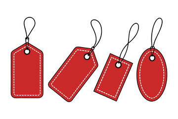 Set of red sale tags. Blank price labels with stitched borders and strings. Vector illustration template for shopping, discount, or gifts.
