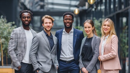 Obraz premium Professional Diverse Group of Business People Posing Together in Modern Office Space with Natural Light and Greenery in Background