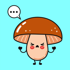 An angry cartoon mushroom with a thought bubble on a teal background.