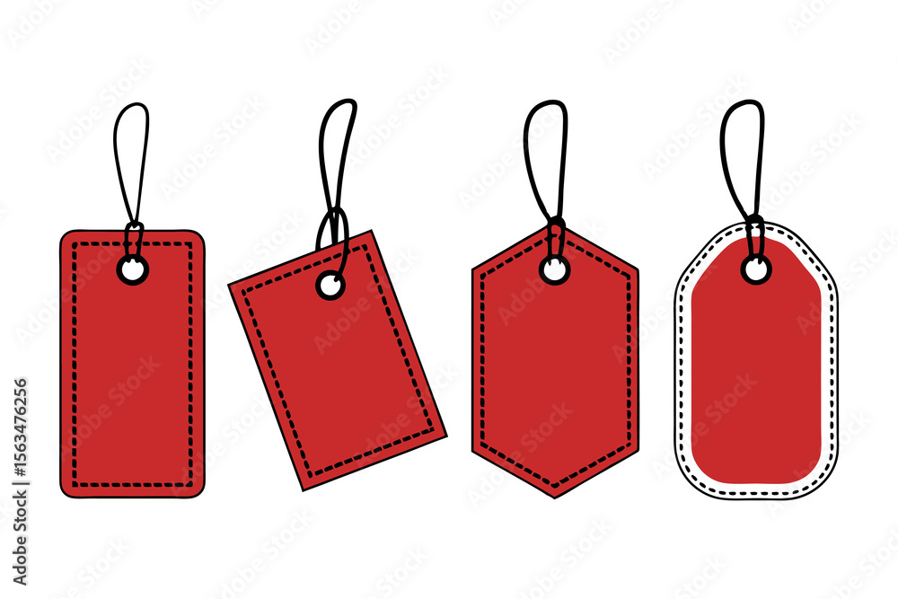 Fototapete Set of red sale tags. Blank price labels with stitched borders and strings. Vector illustration template for shopping, discount, or gifts.