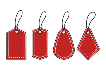 Set of red sale tags. Blank price labels with stitched borders and strings. Vector illustration template for shopping, discount, or gifts.