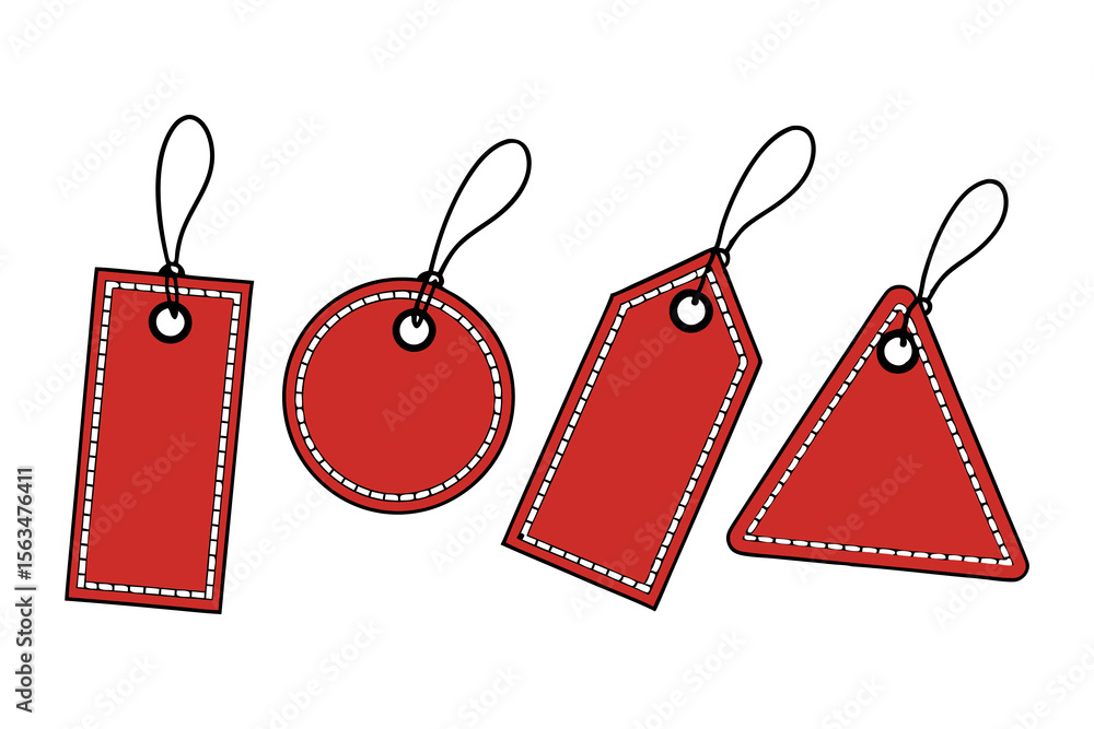 Fototapete Set of red sale tags. Blank price labels with stitched borders and strings. Vector illustration template for shopping, discount, or gifts.
