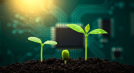 Young green sprouts growing from soil with water drops against a blurred circuit board background