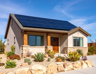 Fototapeta premium Southwestern Desert Home with Solar Panels and Xeriscaping