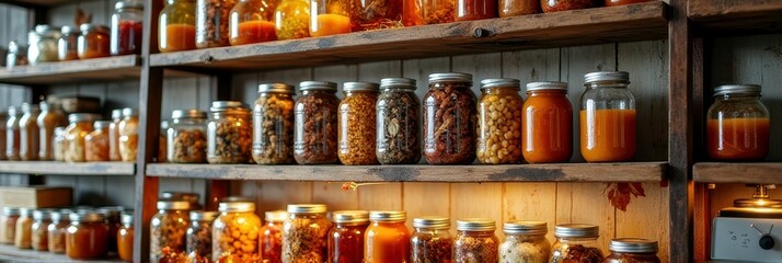 Rustic pantry shelves filled with assorted canned and preserved goods in mason jars