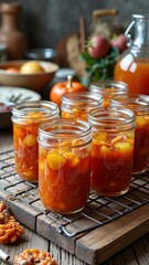Homemade peach preserves in jars on rustic kitchen table with fresh ingredients