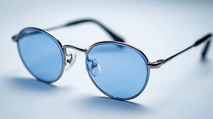 Stylish sunglasses with blue tint on white background, product shot