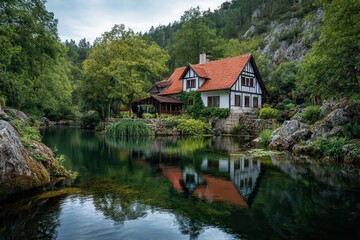 Fototapeta premium A charming house by a calm lake with a red tile roof, white walls, and dark timber framing, reflecting in the water. Lush greenery and rocks surround