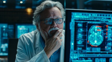 Elderly scientist in white lab coat analyzing glowing blue brain MRI scan with red markers in high-tech laboratory, focused and thoughtful pose.