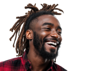  joyful Black man with dreadlocks laughing heartily  isolated on white background