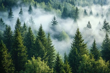 Fototapeta premium Mist gently rises among dense evergreen trees in a lush forest, creating a serene and mystical atmosphere.